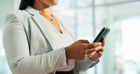 Image showing Hands, phone or businesswoman on social media for communication, email or texting in office. Search, news or closeup of manager in online conversation on mobile app to scroll on internet or website