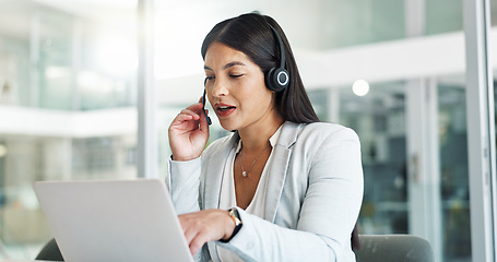 Image showing Business woman, call center consultant and laptop for customer service, support or advice in office. Professional Mexican advisor or happy agent in headphones for contact us or e commerce on computer