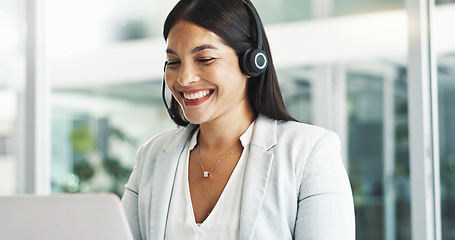 Image showing Business woman, call center consultant and laptop for customer service, support or advice in office. Professional Mexican advisor or happy agent in headphones for contact us or e commerce on computer