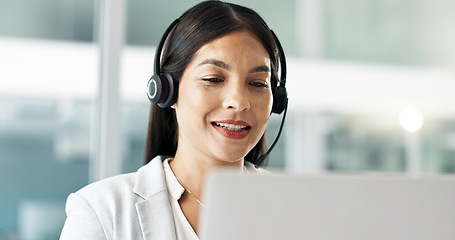 Image showing Business woman, consultant and call center on computer in customer service, support or advice in office. Professional Philippines advisor or agent in headphones for contact us or e commerce on laptop