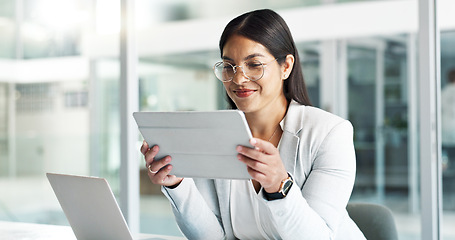 Image showing Thinking, happy or businesswoman with tablet or ideas for blog, post or social media research in office. Digital agency, tech or social media manager reading online or planning for update with smile