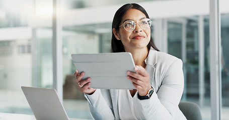 Image showing Thinking, happy or businesswoman with tablet or ideas for blog, post or social media research in office. Digital agency, tech or social media manager reading online or planning for update with smile