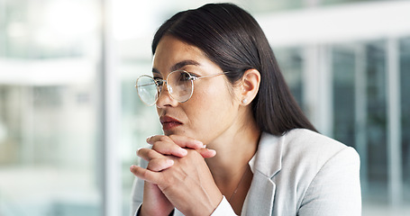 Image showing Business, woman and thinking with stress at company for job interview, recruitment or hiring news. Employee, professional person and anxiety at workplace for onboarding decision and waiting in lobby