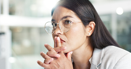 Image showing Business, woman and thinking with stress at company for job interview, recruitment or hiring news. Employee, professional person and anxiety at workplace for onboarding decision and waiting in lobby