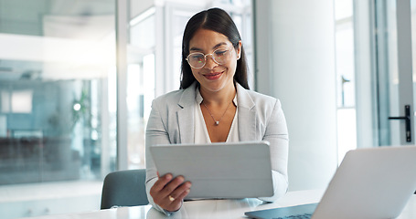 Image showing Research, happy or businesswoman with tablet or laptop for blog, post or networking in office. Digital agency, tech startup or social media manager typing online or planning for update with smile