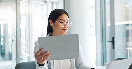 Image showing Research, happy or businesswoman with tablet or laptop for blog, post or networking in office. Digital agency, tech startup or social media manager typing online or planning for update with smile