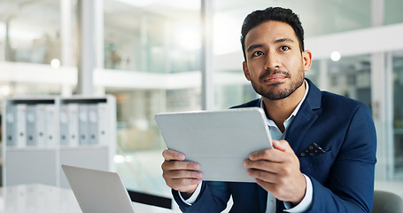 Image showing Business man, thinking of ideas and tablet for investment, email or stock market solution in office. Young trader or corporate employee with vision, online goals or target with digital technology