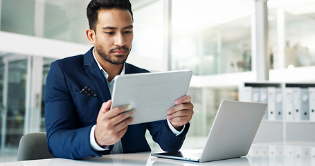 Image showing Business man, thinking of ideas and tablet for investment, email or stock market solution in office. Young trader or corporate employee with vision, online goals or target with digital technology