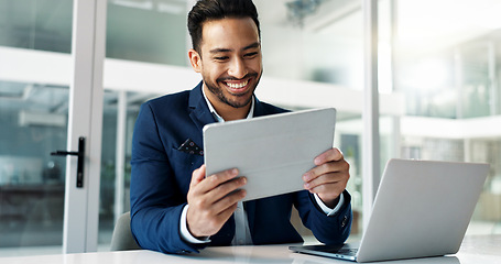 Image showing Business man, thinking of ideas and tablet for investment, email or stock market solution in office. Young trader or corporate employee with vision, online goals or target with digital technology