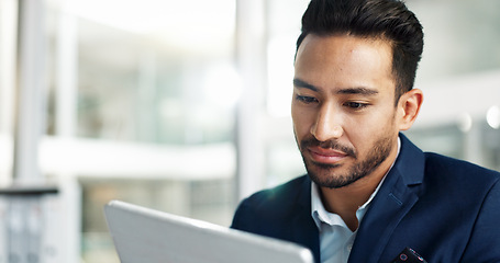 Image showing Tablet, online and business man in office for research project, website review and internet. Corporate worker, thinking and person on digital technology for networking, planning and schedule at desk