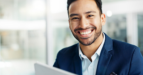 Image showing Happy man, reading on tablet and planning for law firm research, online article review and business results. Lawyer or corporate employee with ideas, solution or email feedback on digital technology