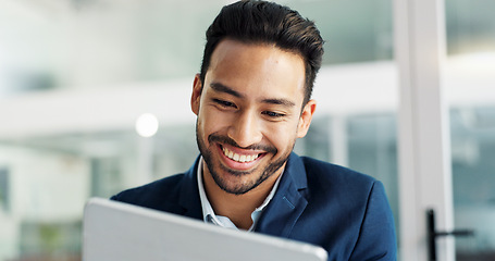 Image showing Happy man, reading on tablet and planning for law firm research, online article review and business results. Lawyer or corporate employee with ideas, solution or email feedback on digital technology