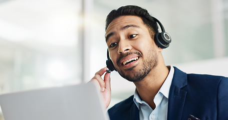 Image showing Laptop, problem solving and business man in call center with headset for customer support or service. Smile, computer and consulting with happy employee working in tech agency for contact us online