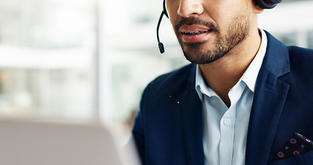 Image showing Laptop, mouth and business man in call center with headset for customer support or service closeup. Smile, computer and contact with happy employee working in tech agency for online consulting