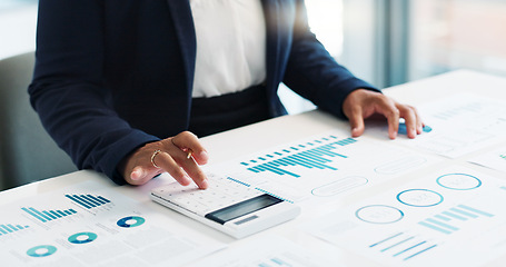 Image showing Business hands, calculator and financial data analytics, graphs or charts for revenue, profit or budget report. Accountant or bookkeeping person writing on documents, planning numbers and statistics