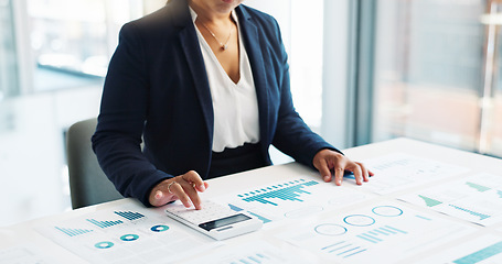 Image showing Business woman, calculator and financial statistics, graphs or charts for revenue, profit and budget report. Hands of an auditor or accountant planning of documents for data analytics and accounting