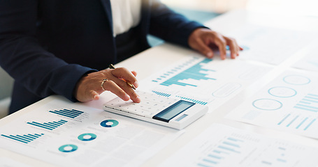 Image showing Business hands, calculator and financial data analytics, graphs or charts for revenue, profit or budget report. Accountant or bookkeeping person writing on documents, planning numbers and statistics