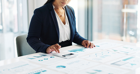 Image showing Business woman, calculator and financial statistics, graphs or charts for revenue, profit and budget report. Hands of an auditor or accountant planning of documents for data analytics and accounting