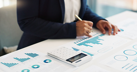 Image showing Business hands, calculator and financial data analytics, graphs or charts for revenue, profit or budget report. Accountant or bookkeeping person writing on documents, planning numbers and statistics