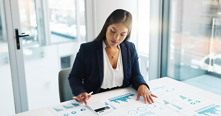 Image showing Business woman, calculator and documents of statistics, graphs or charts for revenue, profit and budget report. Professional auditor or accountant planning of numbers, data analysis and accounting