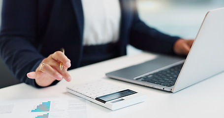 Image showing Business hands, calculator and finance on computer for budget planning, data analysis or statistics report in office. Bookkeeping accountant or person with documents, numbers and typing on a laptop