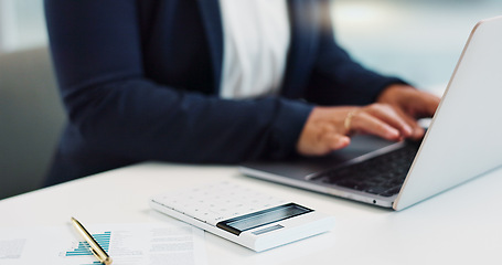 Image showing Business hands, calculator and finance on computer for budget planning, data analysis or statistics report in office. Bookkeeping accountant or person with documents, numbers and typing on a laptop