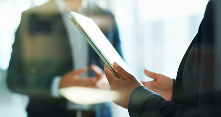 Image showing Meeting, hands or businesswoman with tablet or research for blog, discussion or networking in office. Talking, technology or social media manager speaking of planning for online update in closeup