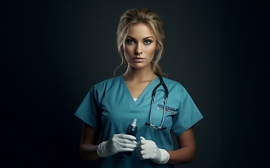 Image showing A modern and elegant doctor, exuding confidence and expertise, holds an injection in her hands against a dark backdrop, capturing the essence of contemporary healthcare professionalism