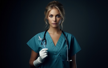 Image showing A modern and elegant doctor, exuding confidence and expertise, holds an injection in her hands against a dark backdrop, capturing the essence of contemporary healthcare professionalism