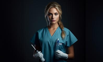 Image showing A modern and elegant doctor, exuding confidence and expertise, holds an injection in her hands against a dark backdrop, capturing the essence of contemporary healthcare professionalism
