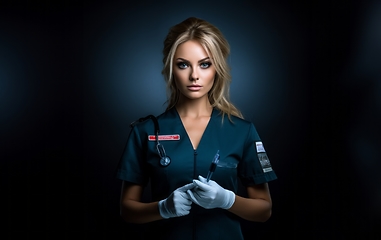 Image showing A modern and elegant doctor, exuding confidence and expertise, holds an injection in her hands against a dark backdrop, capturing the essence of contemporary healthcare professionalism