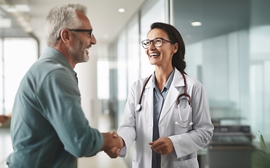 Image showing In a modern hospital corridor, doctors exchange handshakes, reflecting professional unity and collaborative teamwork