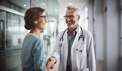 Image showing In a modern hospital corridor, doctors exchange handshakes, reflecting professional unity and collaborative teamwork