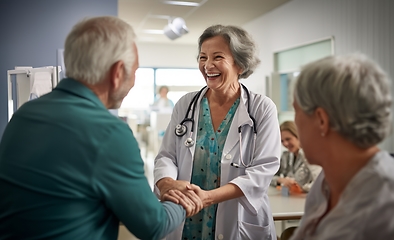 Image showing A compassionate female doctor shares a handshake with an elderly man, symbolizing gratitude and successful completion of hospital treatment