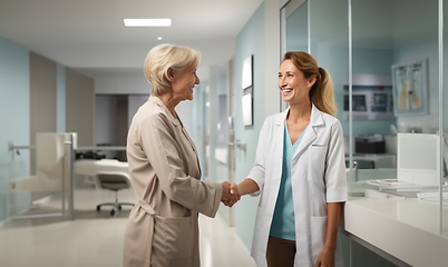 Image showing A compassionate doctor shares a handshake with her patient, signifying a successful and trustful completion of hospital treatment