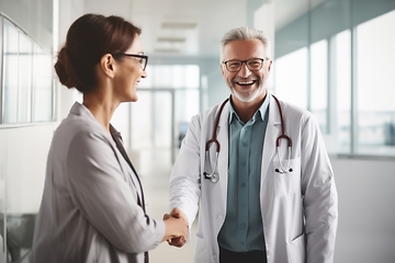 Image showing In a modern hospital corridor, doctors exchange handshakes, reflecting professional unity and collaborative teamwork