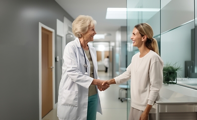 Image showing A compassionate doctor shares a handshake with her patient, signifying a successful and trustful completion of hospital treatment