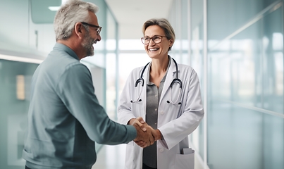 Image showing A compassionate female doctor shares a handshake with an elderly man, symbolizing gratitude and successful completion of hospital treatment