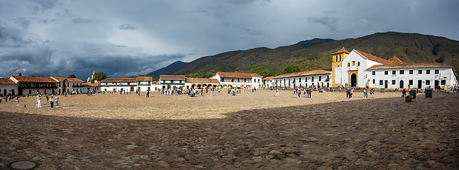 Image showing Plaza Mayor in Villa de Leyva, Colombia, largest stone-paved square in South America.