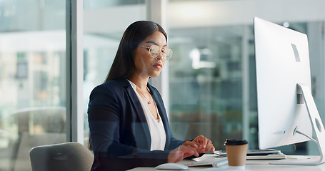 Image showing Research, thinking or businesswoman with computer for an article post or networking in office. Digital agency, tech startup or social media manager typing online or planning for update on website