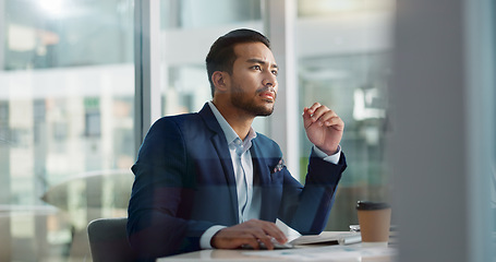 Image showing Business man, headache and tired on computer for information technology, online planning and office stress. Worker, programmer or developer with fatigue, pain or frustrated for mistake on desktop