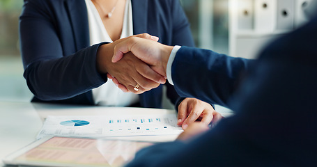 Image showing Business people, closeup and handshake for deal, agreement and partnership negotiation in office. Shaking hands, contract and hiring offer for recruitment, interview and financial analyst in meeting