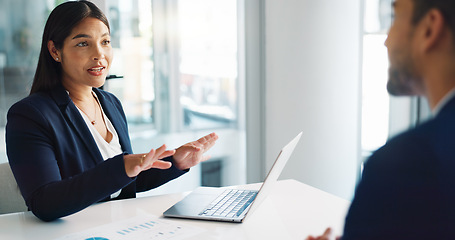 Image showing Business people, smile and handshake for deal, agreement and partnership negotiation in office. Shaking hands, contract and recruitment, hiring offer and b2b collaboration of consultant in meeting