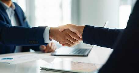 Image showing Business people, closeup and handshake for deal, agreement and partnership negotiation in office. Shaking hands, contract and hiring offer for recruitment, interview and financial analyst in meeting