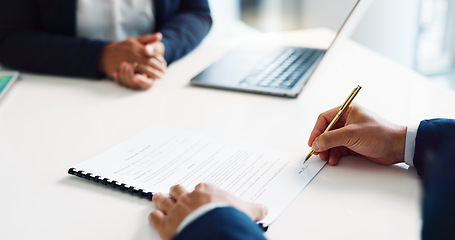 Image showing Professional hands, clients and documents signature for legal contract, agreement and office consultation. Notary, advisor or people writing on paper for funding, terms and conditions or insurance