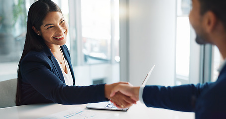 Image showing Business people, smile and handshake for deal, agreement and partnership negotiation in office. Shaking hands, contract and recruitment, hiring offer and b2b collaboration of consultant in meeting