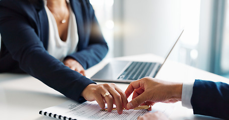 Image showing Professional hands, clients and documents signature for legal contract, agreement and office consultation. Notary, advisor or people writing on paper for funding, terms and conditions or insurance