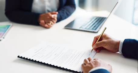 Image showing Business hands, legal documents and signature for contract agreement, hiring deal and b2b negotiation. Professional people, lawyers or corporate clients writing of paperwork with terms and conditions