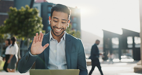 Image showing Hello, video call and business man with laptop in a city for online meeting, discussion or planning. Wave, pc and Japanese guy manager outdoor for web conference for crm, faq or proposal negotiation