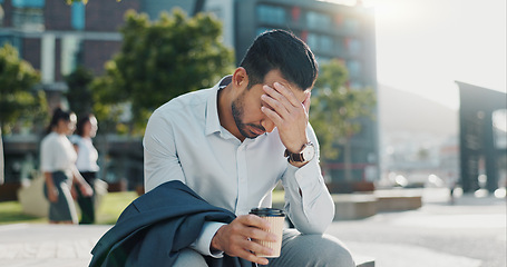 Image showing Business man, stress and unemployment in city with worry, anxiety or sad for job loss on sidewalk. Professional person, employee and mental health in stock market crash, recession or financial crisis